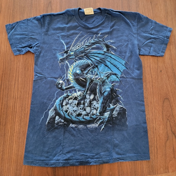 The Mountain T Shirt Dragon On Nest Of Skulls Blue Printed In USA Large - Picture 1 of 4